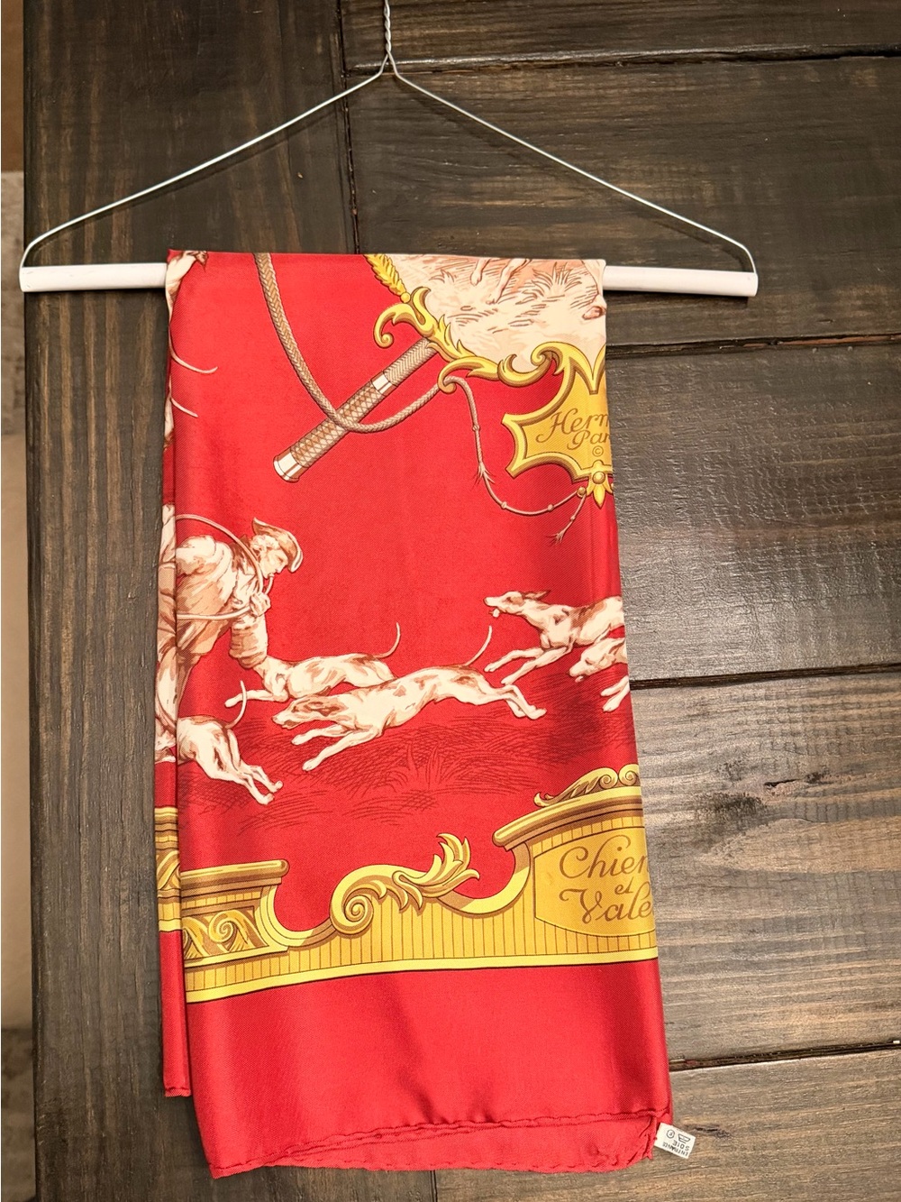 Hermes Red, Gold & Cream Silk Scarf with Equestrian Hunting Motif